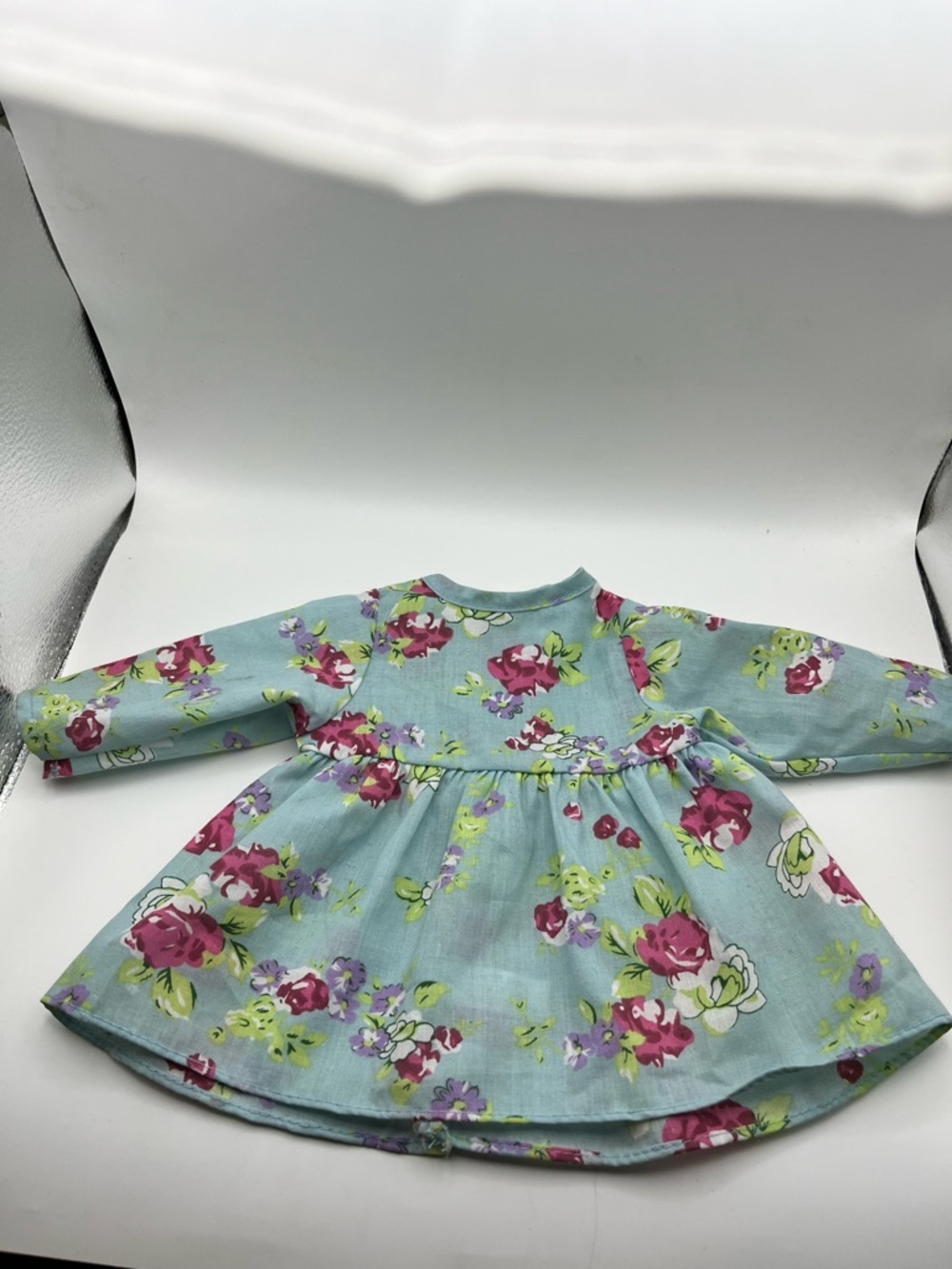 Baby Doll Floral Long Sleeve Dress - Aqua with Pink & Purple Flowers